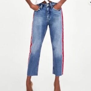 Zara Blue Cropped Jeans with Red Stripe